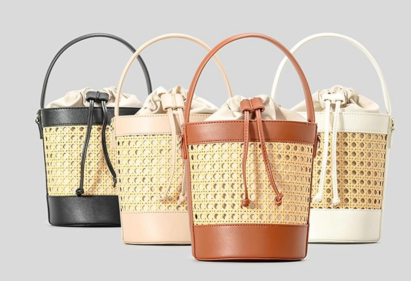 ブルレア Leather trimmed rattan bucketbag Yafirgeer Woven Rattan Bag for Women Perforated PU Leather
